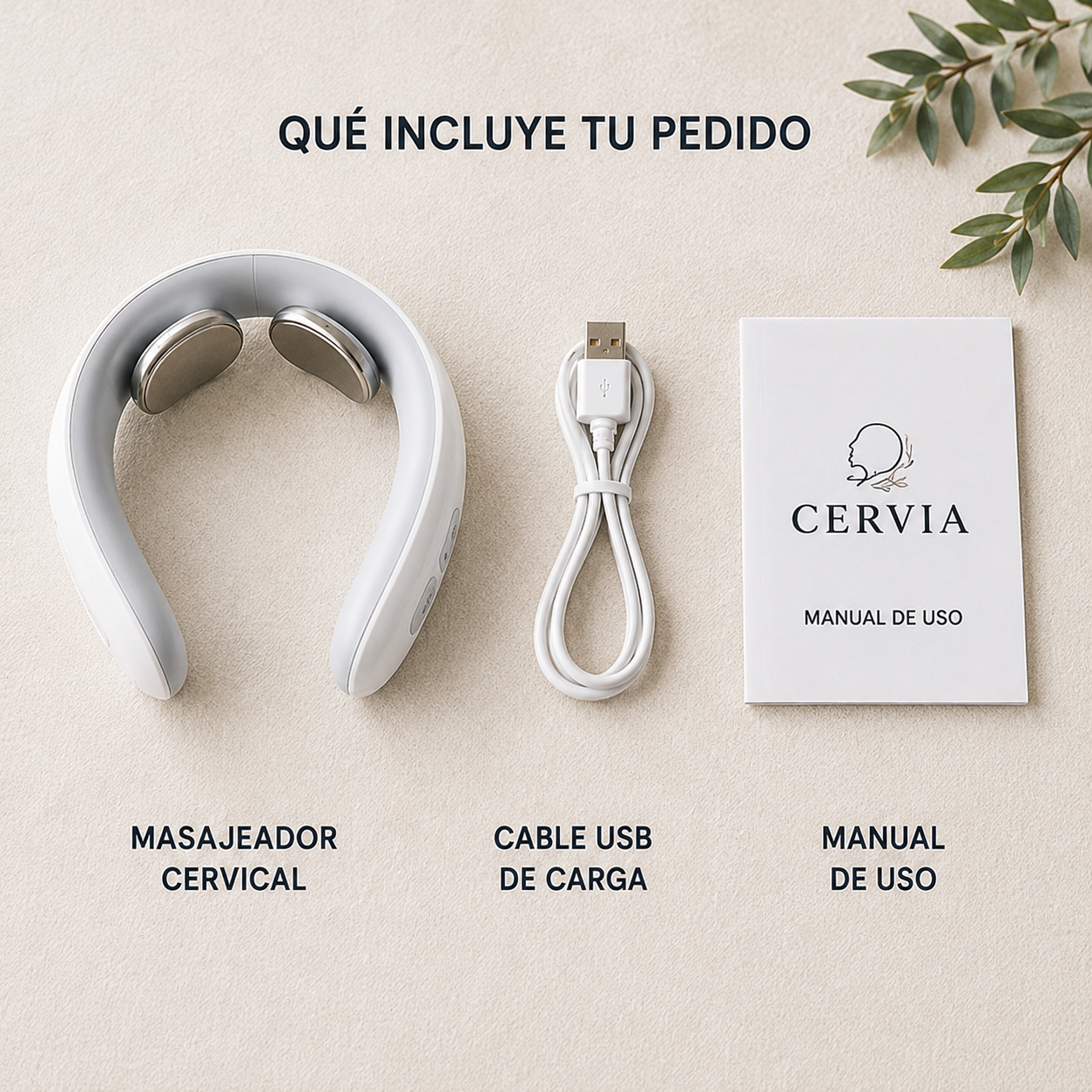 Contenido del pedido Cervia: masajeador cervical, cable USB y manual de usuario