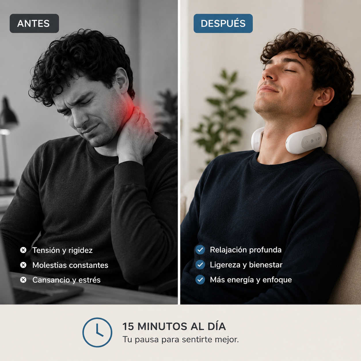 Antes y después de usar Cervia: cuello tenso frente a cuello relajado